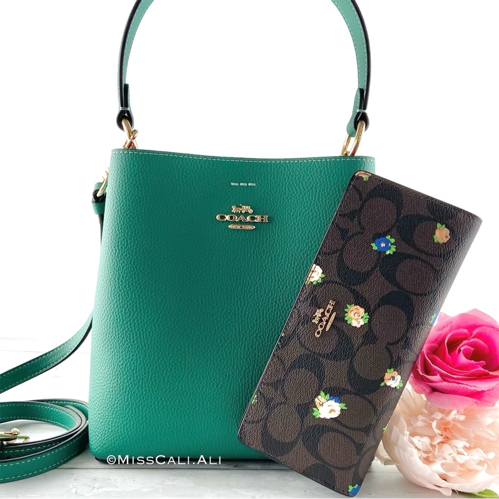 NWT COACH Rose Print Slim Long Wallet + Small Town Bucket Crossbody Bag Set